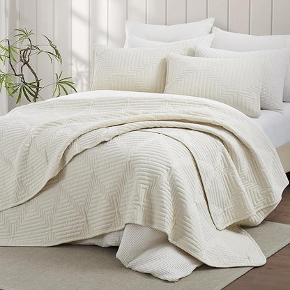 Oli Anderson Queen Quilt Set, Beige Lightweight Soft Bedspread Coverlet, Basket Weave Pattern Bedding, 3PCS Modern Geometric Stitching Textured Comforter Sets (1 Quilt and 2 Pillow Shams)