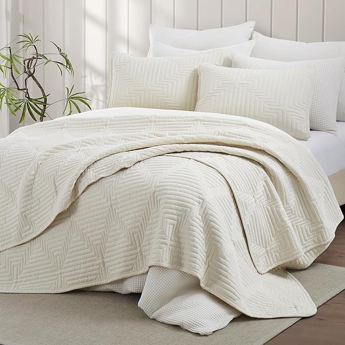 Oli Anderson King Quilt Set, Beige Lightweight Soft Bedspread Coverlet, Basket Weave Pattern Bedding, 3PCS Modern Geometric Stitching Textured Comforter Sets (1 Quilt and 2 Pillow Shams)