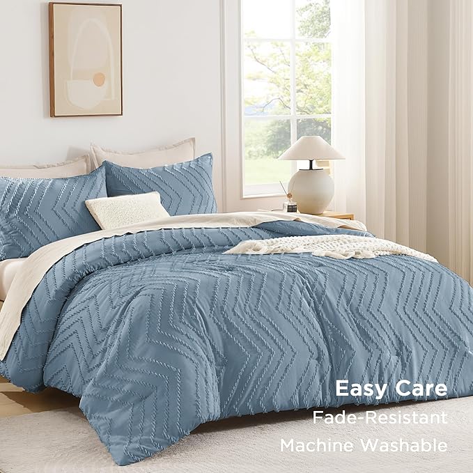Andency Greyish Blue Oversized Queen Comforter Set, Boho Soft Warm Bedding Comforter Sets, 3 Pieces Aesthetic Chevron Farmhouse Cute Bohemian Textured Bed Set