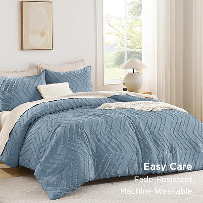 Andency Greyish Blue Comforter Set Full Size, Boho Soft Warm Tufted Bedding Comforter Sets for Full Size Bed, 3 Pieces Aesthetic Chevron Farmhouse Cute Bohemian Textured Bed Set