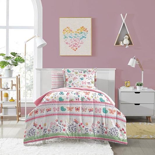 Dream Factory Kids 7-Piece Complete Bed Set Easy-Wash Super Soft Microfiber Comforter Bedding, Full, Pink Butterfly Garden
