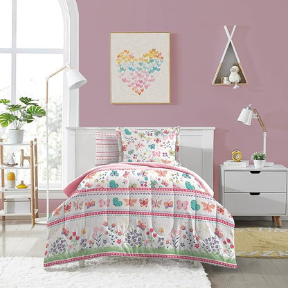 Dream Factory Kids 5-Piece Complete Bed Set Easy-Wash Super Soft Microfiber Comforter Bedding, Twin, Pink Butterfly Garden