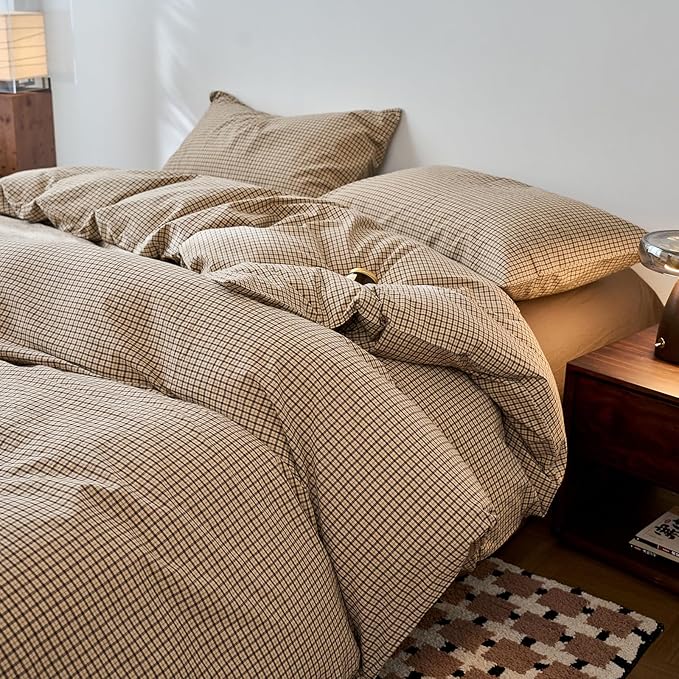 Gingham Duvet Twin Cover Beige Boho Comforter Cover Twin Size Washed Cotton Plaid Checkered Farmhouse Duvet Cover Set with Hidden Zipper Neutral Teen Bedding Set Soft Duvet Protector