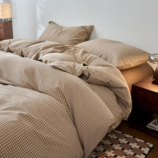 Gingham Duvet Queen Size Cover Beige Boho Queen Comforter Cover Set Washed Cotton Plaid Checkered Farmhouse Duvet Cover Set with Hidden Zipper Neutral Teen Bedding Set Soft Duvet Protector
