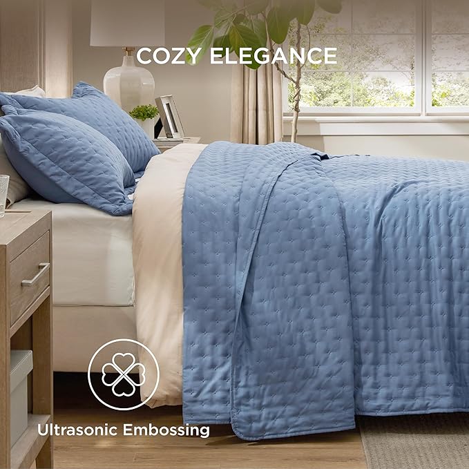 Bedsure Quilts Queen Size - Mineral Blue Bedspread Queen Size & Lightweight Comforter, Modern Coastal Coverlet with Clover Pattern, Ultra Soft All-Season Bedding, 90 x 96 Inches | Stitch-Free Quilting, Ultra Soft, Lightweight, Machine Washable, Pet-Fri...