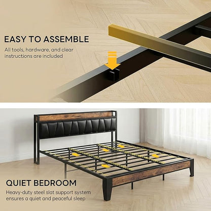 LIKIMIO California King Bed Frame, Storage Headboard with Charging Station, Solid and Stable, Noise Free, No Box Spring Needed, Easy Assembly (Vintage and Black)