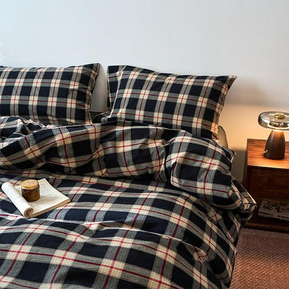 EAVD Vintage Black Plaid Gingham Comforter Set Twin XL Soft 100% Washed Cotton Black&Green&Red Grid Checkered Bedding Set with 2 Pillowcases Farmhouse Retro Plaid Comforter Set for All-Season