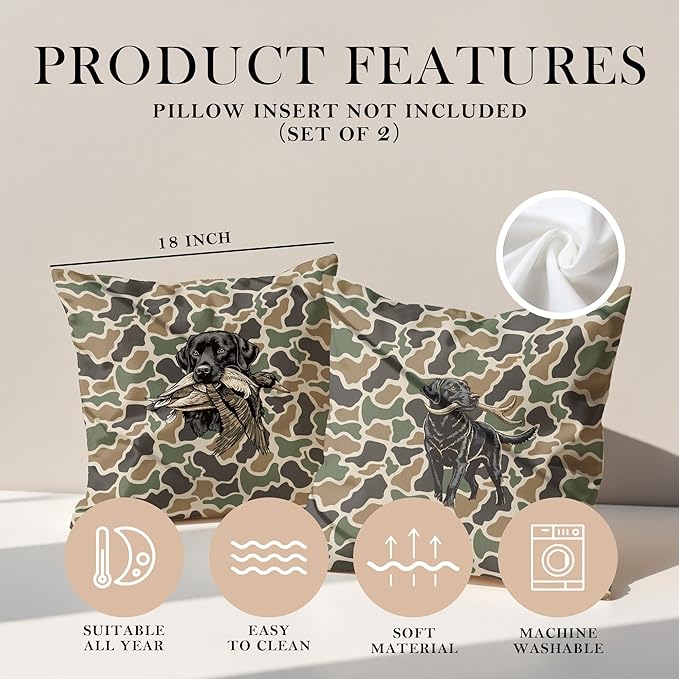 Vintage Camo Labrador Retriever Mallard Duck Throw Pillow Covers 18x18 Set of 2, Dog Hunting Pillowcase, Camouflage Farm Animal Decorative Pillow Covers,Camouflage Wild Animal Decor（85）