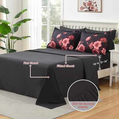 Floral King Size Comforter Set, 7 Piece Black Bed in a Bag, Elegant Flower Pattern Comforter Set with Sheet, Soft Microfiber Complete Bedding Sets for All Season