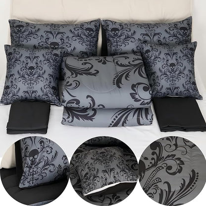 Erosebridal Gothic Damask 7 Piece Comforter Set Full Bed in a Bag,Sugar Skull Bedding Sets Black Grey Victorian Floral Goth Sheet Set with Comforter