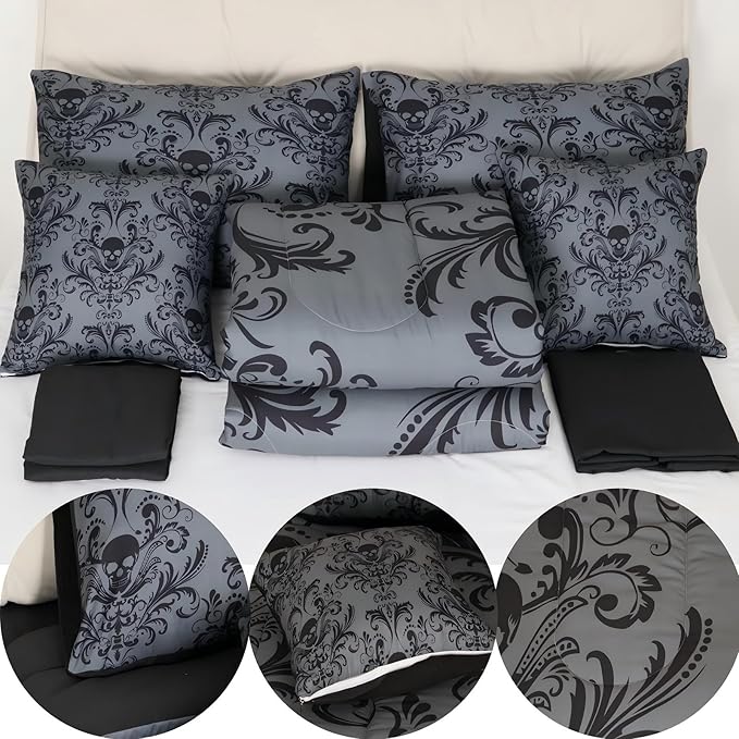 Erosebridal Gothic Damask Bed in a Bag Queen Comforter Set 7 Piece,Sugar Skull Bedding Sets Black Grey Victorian Floral Goth Sheet Set with Comforter