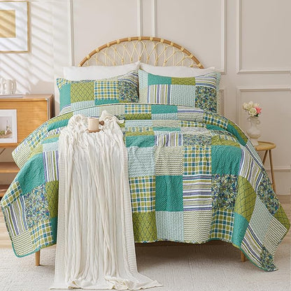 Cmfshape Quilt Sets Bedspread Set 100% Cotton Green Plaid Patchwork Bedding Set, All Season Use Lightweight Reversible Coverlet Quilts with 2 Pillow Shams(Queen 90"x96")
