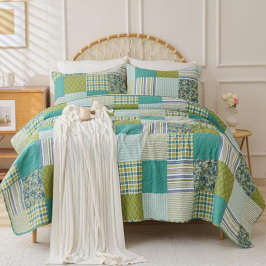Cmfshape Quilt Sets Bedspread Set 100% Cotton Green Plaid Patchwork Bedding Set, All Season Use Lightweight Reversible Coverlet Quilts with 2 Pillow Shams(Queen 90"x96")