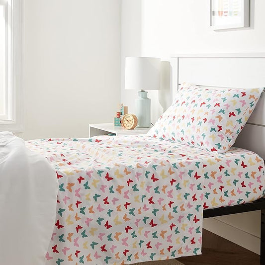 Amazon Basics Kid's Soft Easy-Wash Microfiber 3-Piece Sheet Set, Twin, Multi-Color Butterflies, Butterfly Friends, Printed
