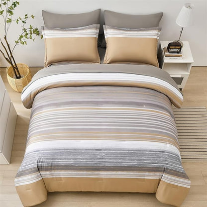 7 Piece Bed in a Bag Stripe Comforter Set Queen Size, White Grey Khaki Patchwork Striped Comforter and Sheet Set, All Season Soft Microfiber Complete Bedding Set(Khaki,Queen)