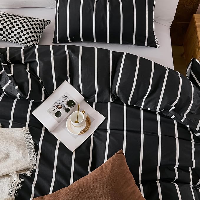 Merryword Black and White Striped Duvet Cover Set Queen Size - 100% Cotton Bedding Set 3 Pieces, Soft Breathable Comforter Cover with Pillowcases, Minimalist Chic Aesthetic Bedding Set for All Seasons