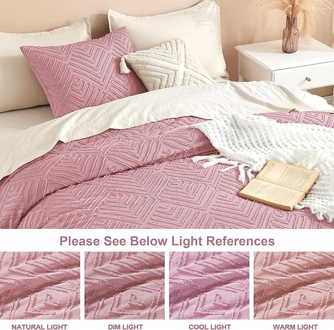 Litanika Grayish Pink Queen Comforter Set, 3 Pieces Tufted Boho Farmhouse Bedding Comforter Sets, Lightweight Fluffy Comforter Bed Set for All Season (90x90In Comforter and 2 Pillowcases)