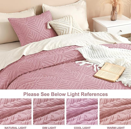 Litanika Grayish Pink King Size Comforter Set, 3 Pieces Tufted Boho Farmhouse Bedding Comforter Sets, Lightweight Fluffy Comforter Bed Set for All Season (104x90In Comforter and 2 Pillowcases)