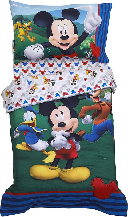 Disney Mickey's Big Adventure Blue, Red, Yellow & Green 4Piece Toddler Bed Set - Comforter, Fitted Bottom Sheet, Flat Top Sheet, Reversible Pillowcase, Blue, Red, Yellow, Green