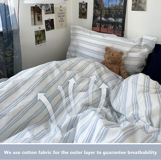 VM VOUGEMARKET Queen Comforter Set Washed Cotton Vertical Demin Blue and White Striped Bedding Set Lightweight & Breathable for All Seasons (1 Comforter and 2 Pillowcase)