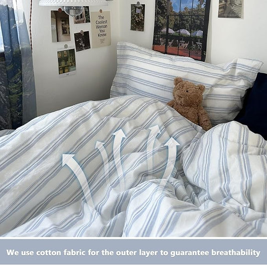 VM VOUGEMARKET Demin Blue Striped Comforter Set Full Ticking Stripe Neutral Farmhouse Bedding Set with 2 Pillowcases Lightweight Luxury Comforter for Boys Men