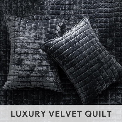 RECYCO Luxury Velvet Quilt Set Full Queen Size Bedding Sets, Ultra Soft Velvet Comforter Set, Lightweight Channel Box Stitch Oversized Bedspread Coverlet for All Season, with 2 Shams, Black