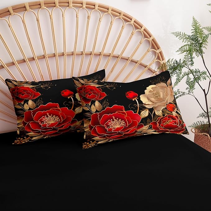 Black and Red Comforter Set Girls King Size Vintage Floral Bedding 3 Pcs Luxury Botanical Flower Quilted Comforter for Elegant Women Bedroom Decor,Red Gold/104"x90"