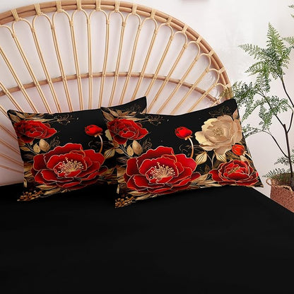 Black and Red Comforter Set Girls King Size Vintage Floral Bedding 3 Pcs Luxury Botanical Flower Quilted Comforter for Elegant Women Bedroom Decor,Red Gold/104"x90"