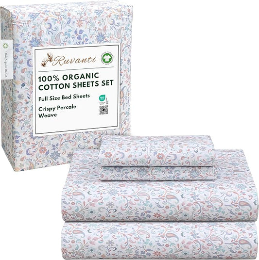 RUVANTI 100% Organic Cotton Sheets Full Size, Percale Weave, GOTS Certified, 4-Piece Set, Deep Pocket 15", Crisp & Breathable, Soft Durable Bedding, Sábanas Algodón Orgánico – Multi Paisley