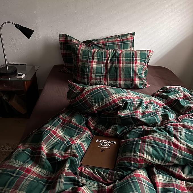 MKXI Vintage Buffalo Plaid Duvet Cover Set 3-Piece | 100% Washed Cotton Reversible Bedding Green/Red Checkered Twin Size with Zipper & Corner Ties Farmhouse & Shabby Chic Design