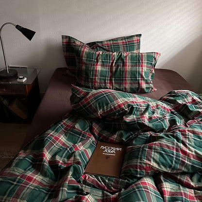 MKXI Vintage Buffalo Plaid Duvet Cover Set 3-Piece | 100% Washed Cotton Reversible Bedding Green/Red Checkered Twin XL Size with Zipper & Corner Ties Farmhouse & Shabby Chic Design