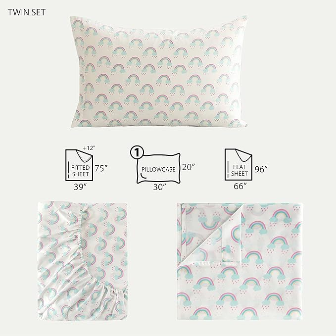 Heritage Kids 3 Piece Twin Sheet Set – Rainbow Print – Includes Flat Sheet, Fitted Sheet & Pillowcase – Soft Microfiber Bedding for Girls – Fits Standard Twin Bed