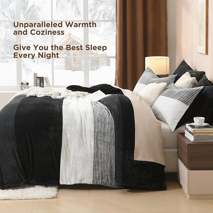 Litanika Fluffy Fleece Queen Comforter Set, Luxury Soft Plush Fuzzy Black & White Stripe Bedding Comforter Sets, Warm Shaggy Faux Fur Bed Set All Season (1 Comforter, 2 Pillowcases)