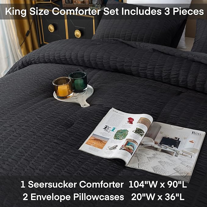 AveLom Seersucker King Comforter Set (104x90 inches), 3 Pieces - 100% Soft Washed Microfiber Lightweight Comforter with 2 Pillowcases, All Season Down Alternative Comforter Set for Bedding, Black