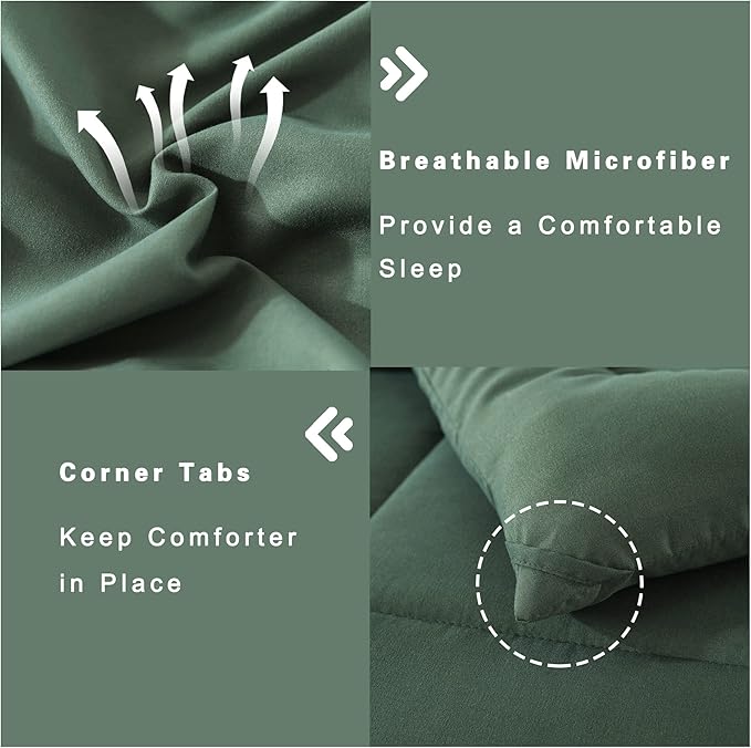 DOWNCOOL Queen Comforter Set -All Season Bedding Comforters Sets with 2 Pillow Cases-3 Pieces Bedding Sets Queen -Down Alternative Sage Green Queen Size Comforter Sets(88"x92")