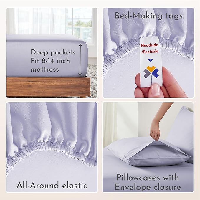California Design Den Queen Sheet Set Deep Pocket - Natural 100% Cotton Sheets, Soft Sateen Weave, All Around Elastic, Breathable and Durable Bedding - Lavender