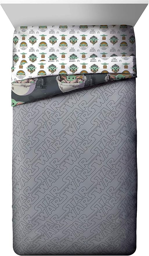 Jay franco StarWars The Mandalorian The Child 4 Piece Twin Bed Set-Includes Reversible Comforter&Sheet Set-Bedding Features Baby Yoda-Super Soft Fade Resistant Microfiber (Official StarWars Product)