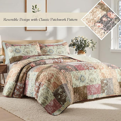 Whale Flotilla Patchwork Quilt Twin Size, Soft Boho Floral Bedspreads for Bed Reversible Lightweight Twin Quilt Bedding Set Coverlets with 1 Pillow Sham for All Seasons, Vintage Red Flowers
