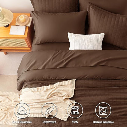 CozyLux Oversized Queen Comforter Set Brown Seersucker 7 Pieces 98x98 Bed in a Bag Comforter Set with Sheets, Luxury Soft Bedding Sets with Down Alternative Comforter, Sheets, Pillowcases & Shams