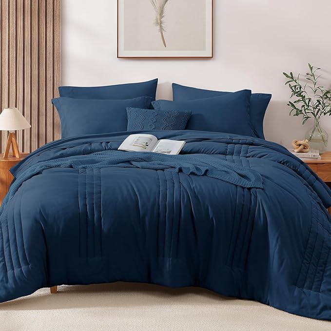 Monbix King Size Comforter Set - 7 Pieces Serenity Blue Bed in a Bag, King Size Bedding Sets with Comforters, All Seasons Comforter with Sheets,Pillowcases & Shams