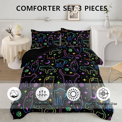 Black Cat Bedding Cartoon Cat Comforter Set Twin,Moon Stars Printed Kids Bedding Set for Boys Girls Adults Room Decor,Kids Comforter Set All Season,1 Quilt 2 Pillow Cases,Neon Color Blue Green