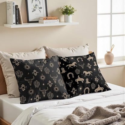 Boho Western Cow Bull Longhorn Skull Pillow Cover 18 x 18 Set of 2,with Bohemian Aztec Pillow Cover,Westen Cow Skull Bedroom Decor,Cows Decorations for Home