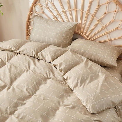 JELLYMONI 100% Natural Cotton 2pcs Plaid Duvet Cover Sets, Checkered Twin Comforter Cover, 1 Duvet Cover and 1 Pillow Case with Zipper Closure & Corner Ties, Khaki