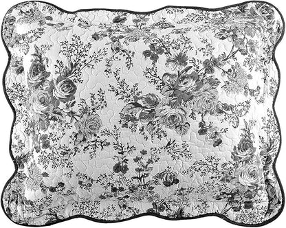 Wonderful 100% Cotton Black Floral Quilt Set Twin Size Bedding Sets with Pillow Sham and Bed Skirt, 3 Pieces Floral Bedspread Coverlet Set, Quilted Blanket Bed Cover for All Season, 66"x86"