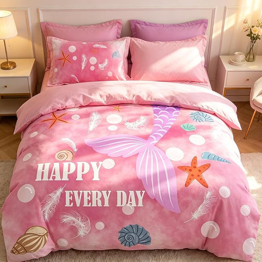 Girls Pink Mermaid Tail Comforter Set King Size, Marine Life Soft Microfiber Bedding Set with Shells & Starfish Pattern, 3Pieces All Season Lightweight Summer Comforter Set for Girls