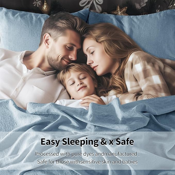 LBRO2M 100% Pure Linen Sheet Set Deep Pocket Up to 16" Bed Sheets Sets, Natural Flax Beddings Soft, Breathable, Comfortable for All Seasons 4 Pcs Sheet Set California King Size, Dusty Blue