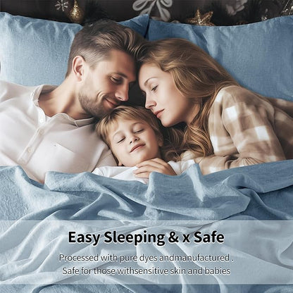 LBRO2M 100% Pure Linen Sheet Set Deep Pocket Up to 16" Bed Sheets Sets, Natural Flax Beddings Soft, Breathable, Comfortable for All Seasons Twin Size, Dusty Blue