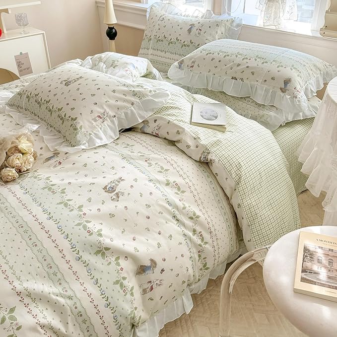 VM VOUGEMARKET Twin Comforter Set with Flower Green Leaves Prints White Ruffle Bedding Down Comforter with 2 Pillow Shams Cute Rabbit Comforter Set for Kids(3pcs,Twin XL)