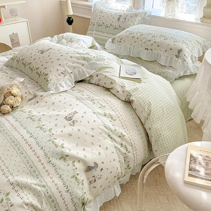 VM VOUGEMARKET Kids Comforter Set Full Size Cute Rabbit Down Comforter with Flower Leaves Pattern Reverisble Ruffle Lace Bedding Set for Teen Girls(Green,Full)