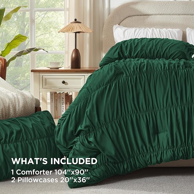 Andency Ruched Dark Emerald Green King Size Comforter Set, Shabby Chic Pleated Bedding Sets 3 Pieces, Lightweight Soft Boho Ruffle Bed Set for Girls, Kids, Women, All Season
